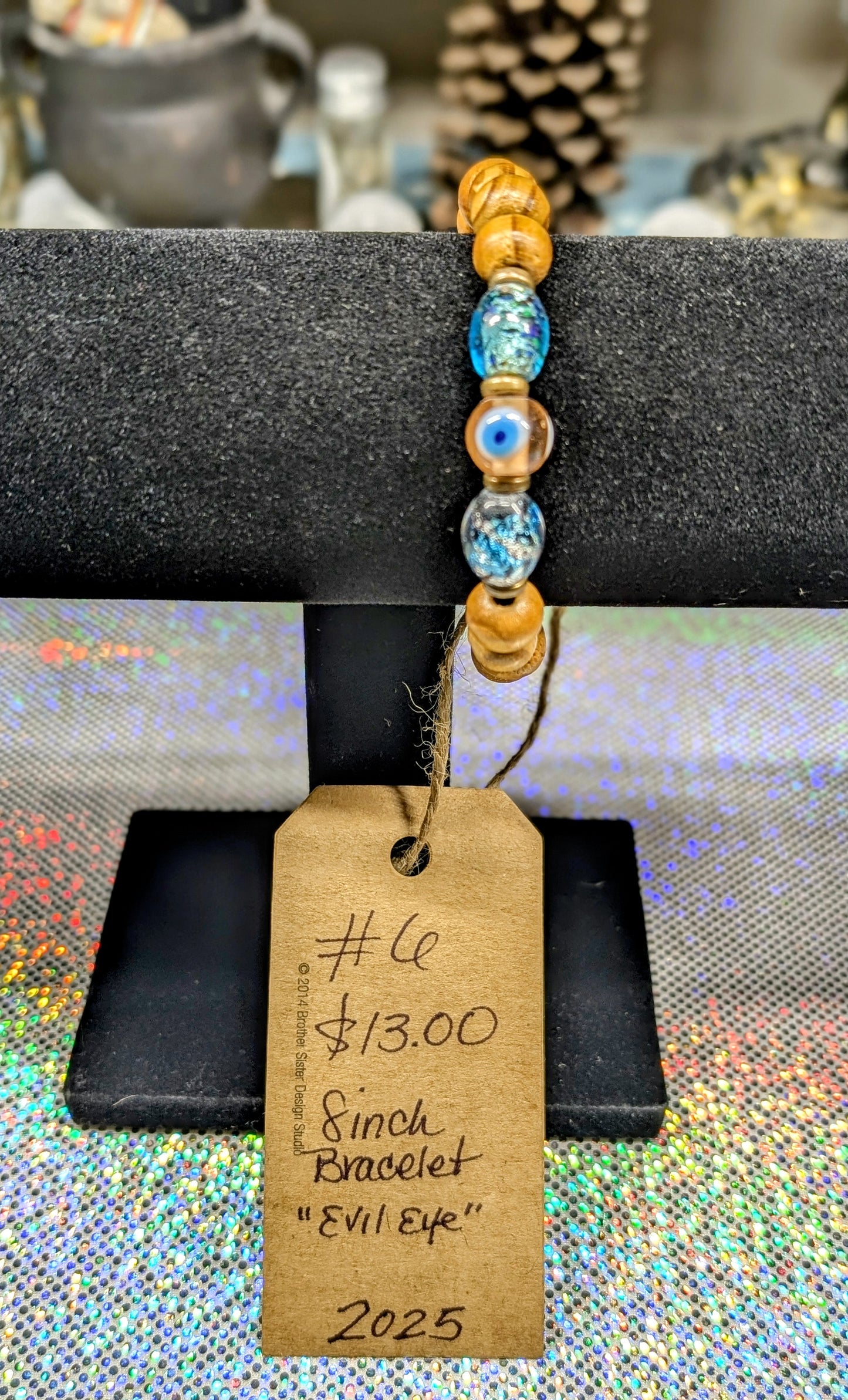 Wood & Glass Bead "Evil Eye" Bracelet (Bracelet #6)