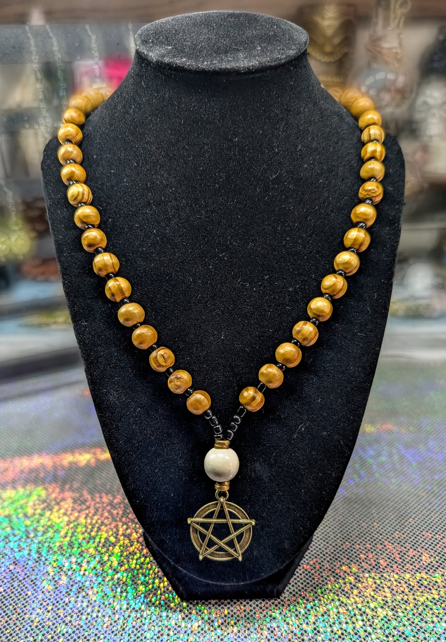 Wood & Glass Bead Pentagram Necklace (Necklace #14)