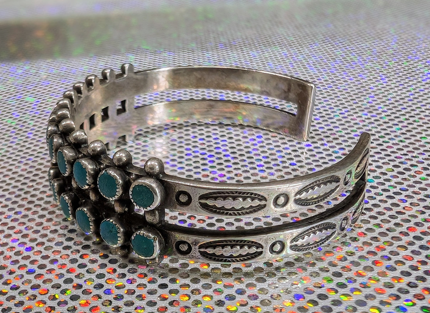 ZUNI- Vintage Native American -Double Row, Turquoise Silver Cuff (Vintage Bracelet #32)