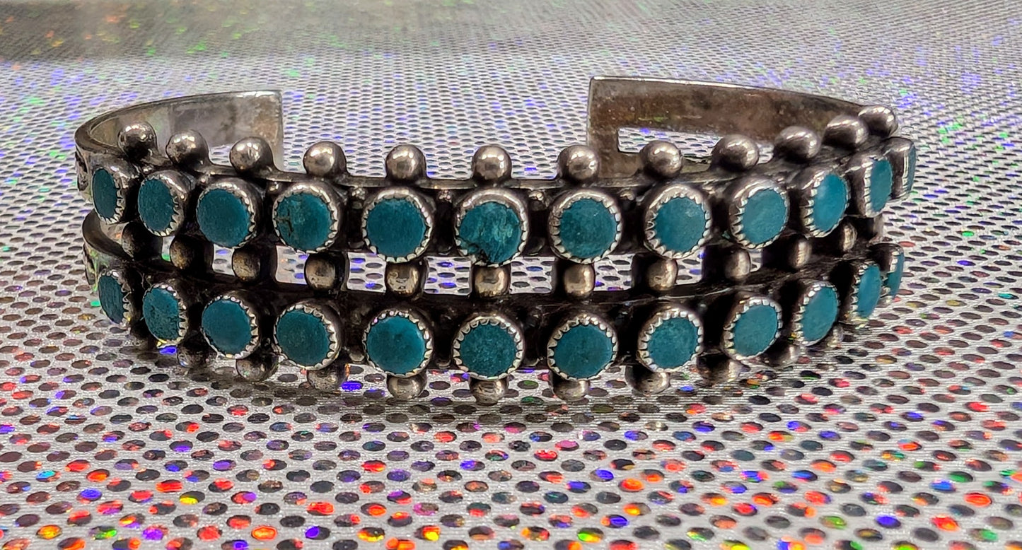 ZUNI- Vintage Native American -Double Row, Turquoise Silver Cuff (Vintage Bracelet #32)