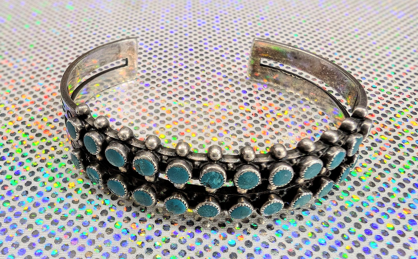 ZUNI- Vintage Native American -Double Row, Turquoise Silver Cuff (Vintage Bracelet #32)
