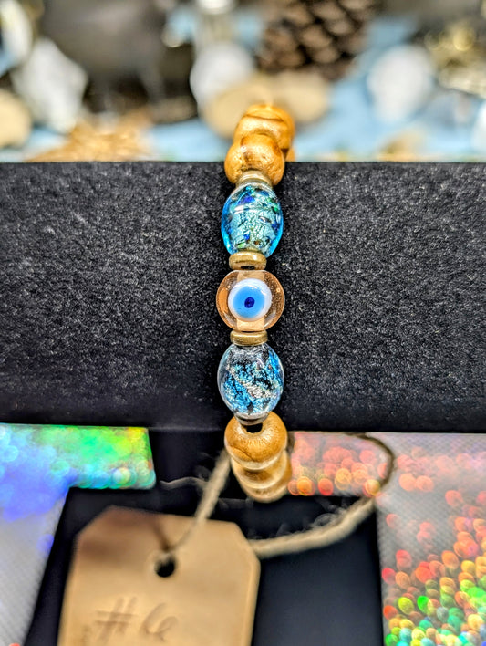 Wood & Glass Bead "Evil Eye" Bracelet (Bracelet #6)