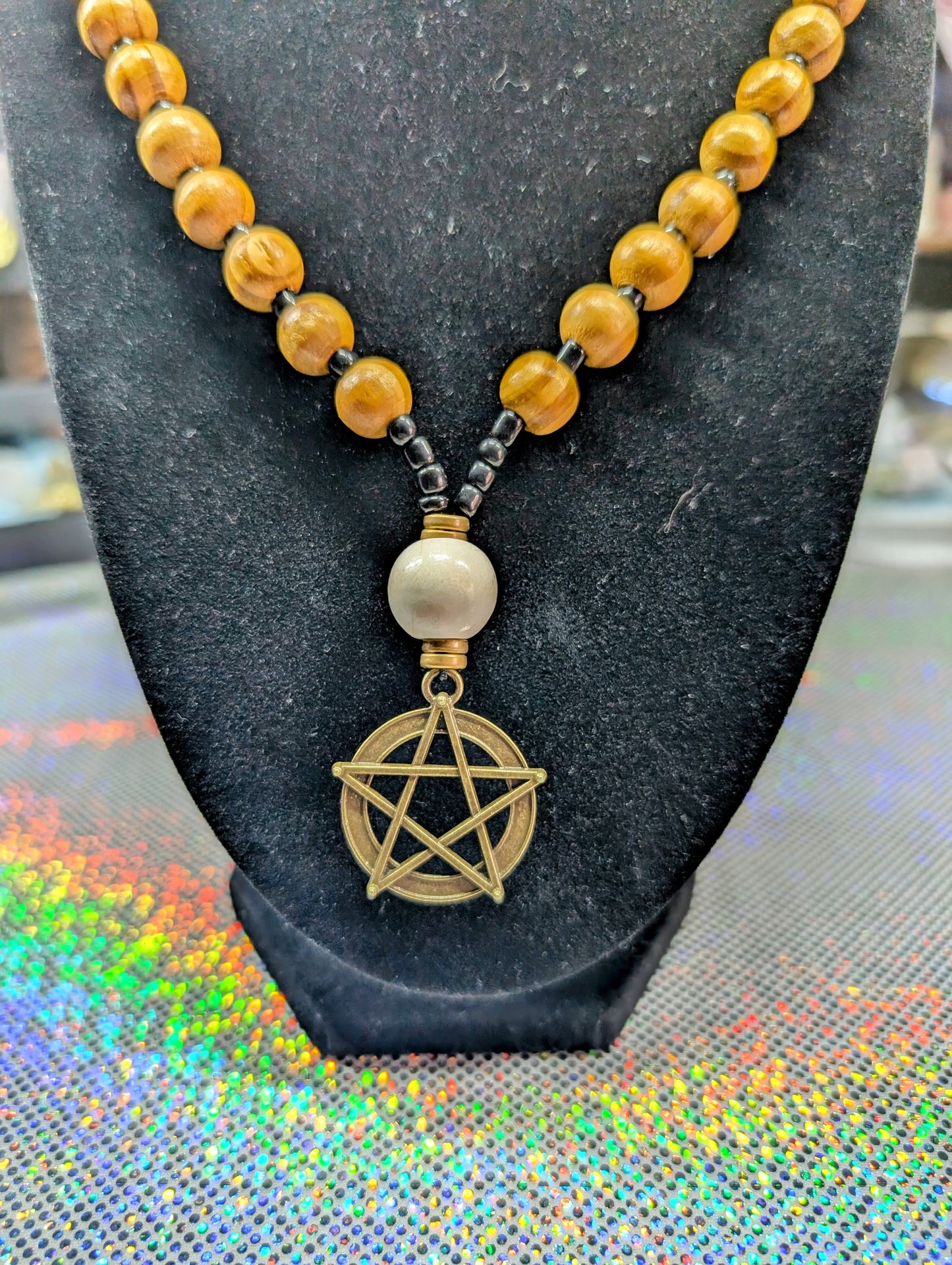 Wood & Glass Bead Pentagram Necklace (Necklace #14)