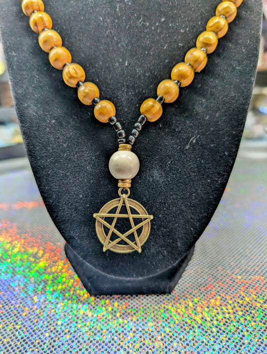 Wood & Glass Bead Pentagram Necklace (Necklace #14)