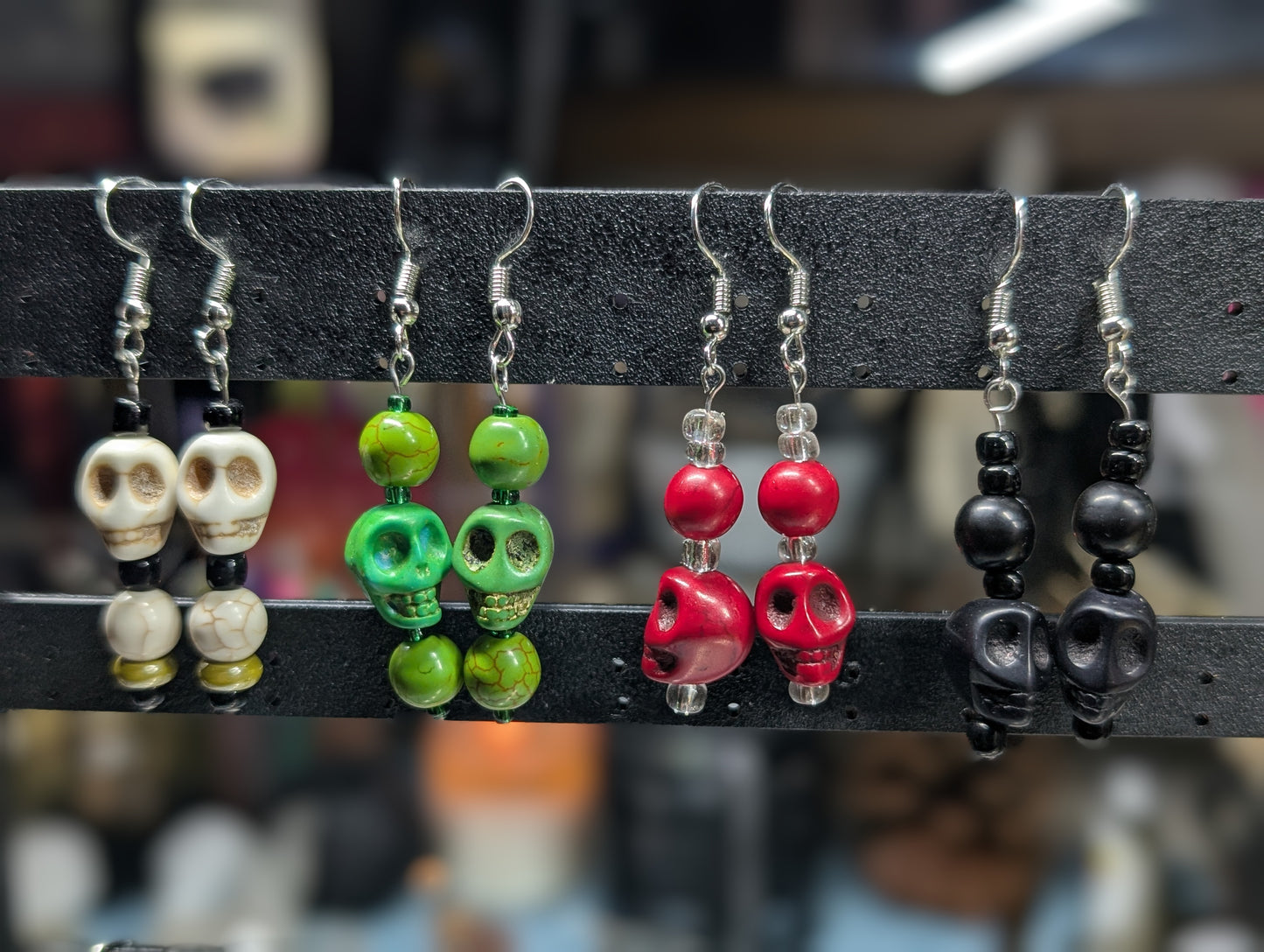 Green Ceramic Skull & Glass Bead Earrings (Earrings #17)