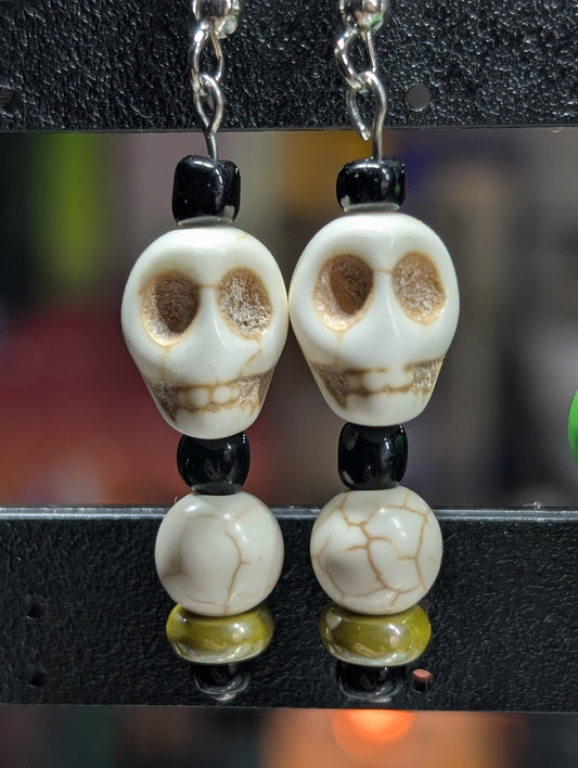 Natural Colored Ceramic Skull & Glass Bead Earrings (Earrings #18)