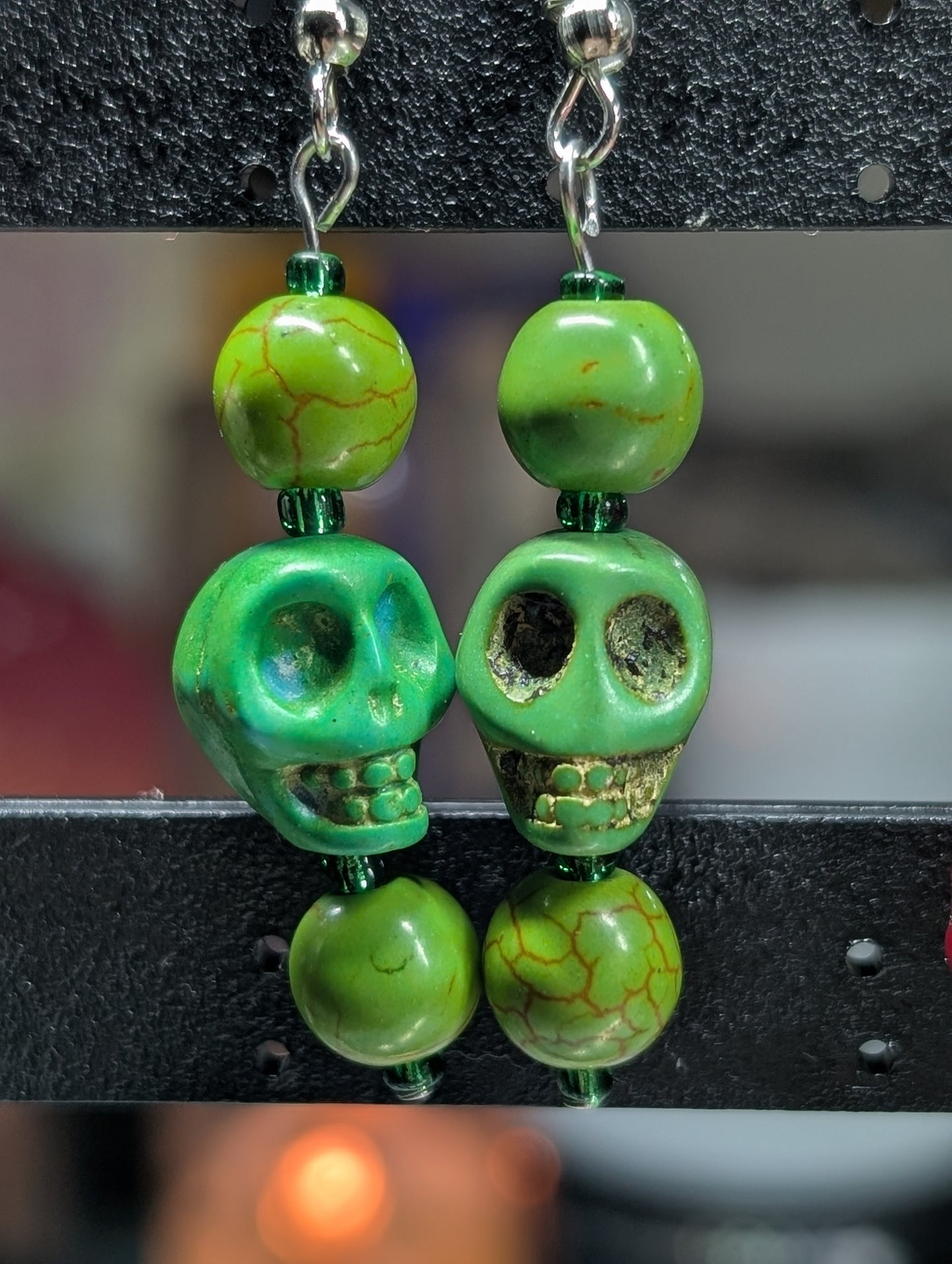 Green Ceramic Skull & Glass Bead Earrings (Earrings #17)
