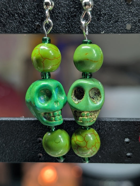 Green Ceramic Skull & Glass Bead Earrings (Earrings #17)