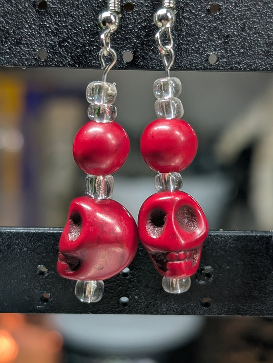 Red Ceramic Skull & Glass Bead Earrings (Earrings #15)