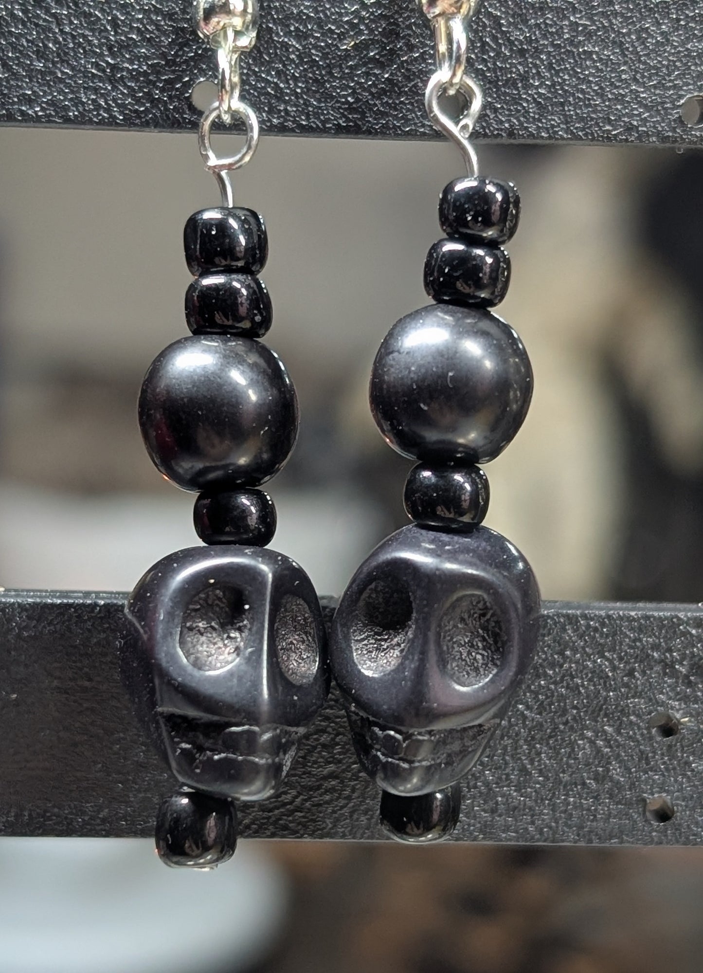 Black Ceramic Skull & Glass Bead Earrings (Earrings #16)