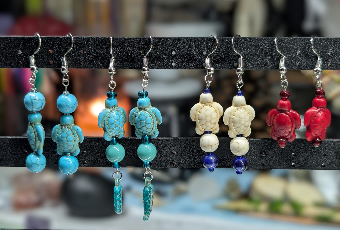 Natural Colored Ceramic Turtle Earrings with Blue Glass Beads (Earrings #22)