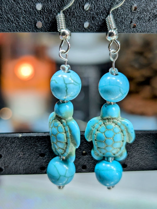 Turquoise Ceramic Turtle Earrings with Glass Beads (Earrings #19)