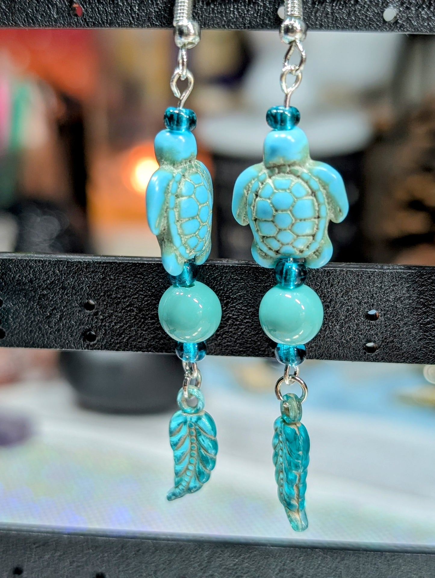Turquoise Ceramic Turtle & Feather Earrings (Earrings #20)