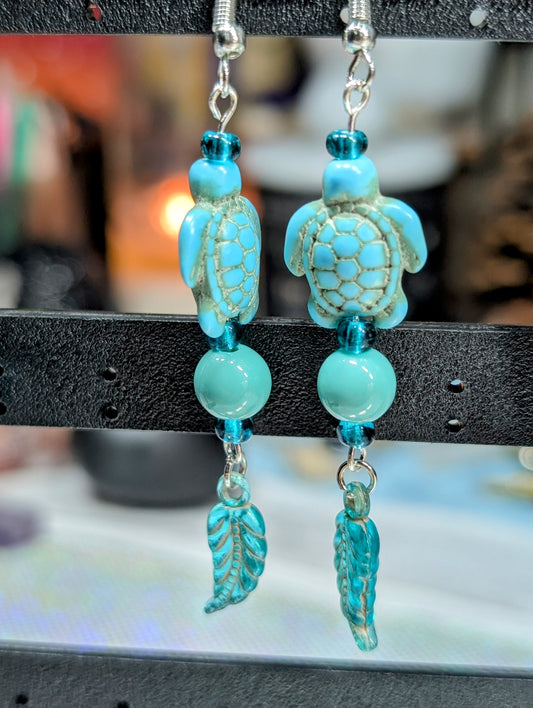 Turquoise Ceramic Turtle & Feather Earrings (Earrings #20)
