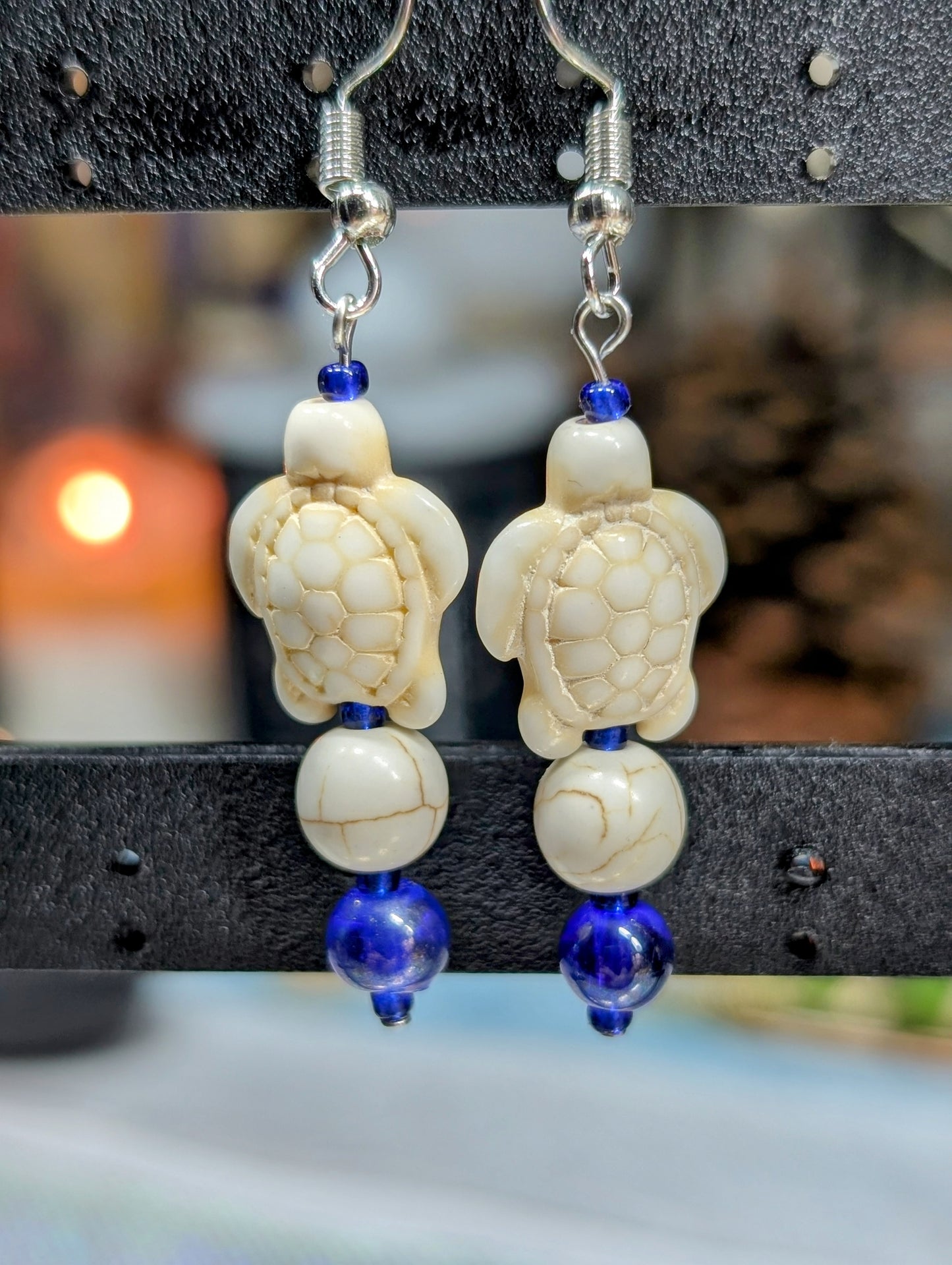 Natural Colored Ceramic Turtle Earrings with Blue Glass Beads (Earrings #22)