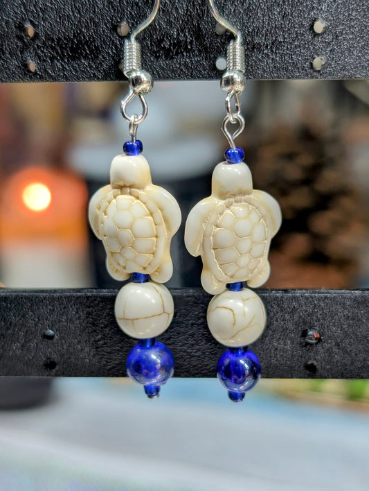 Natural Colored Ceramic Turtle Earrings with Blue Glass Beads (Earrings #22)