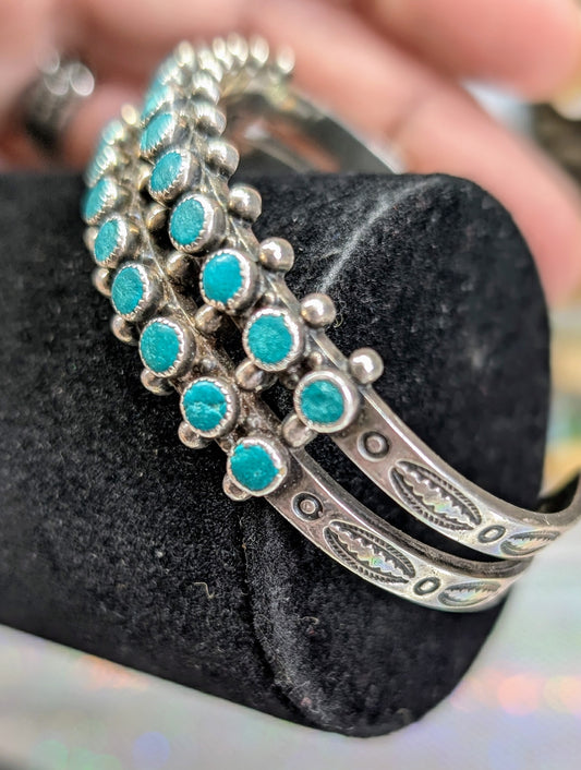ZUNI- Vintage Native American -Double Row, Turquoise Silver Cuff (Vintage Bracelet #32)