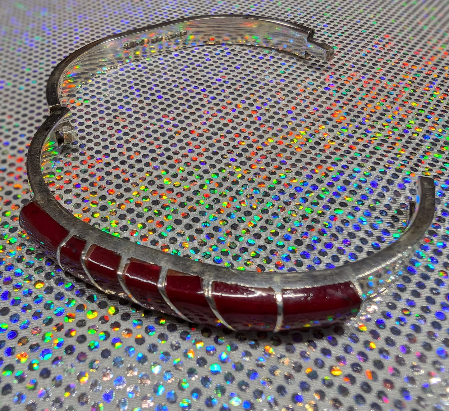 Vintage Taxco/Mexico Sterling, Red Jasper, Hinged Bracelet (TS-WS Maker, 925 Silver)(Vintage Bracelet #33)
