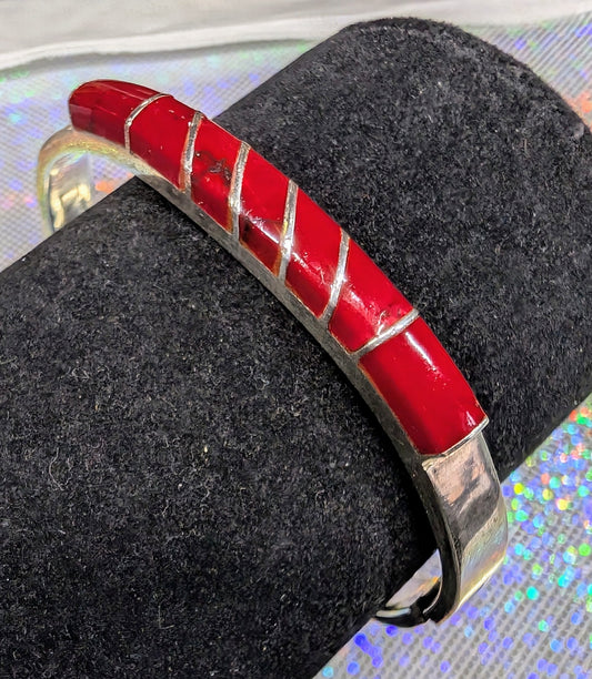 Vintage Taxco/Mexico Sterling, Red Jasper, Hinged Bracelet (TS-WS Maker, 925 Silver)(Vintage Bracelet #33)